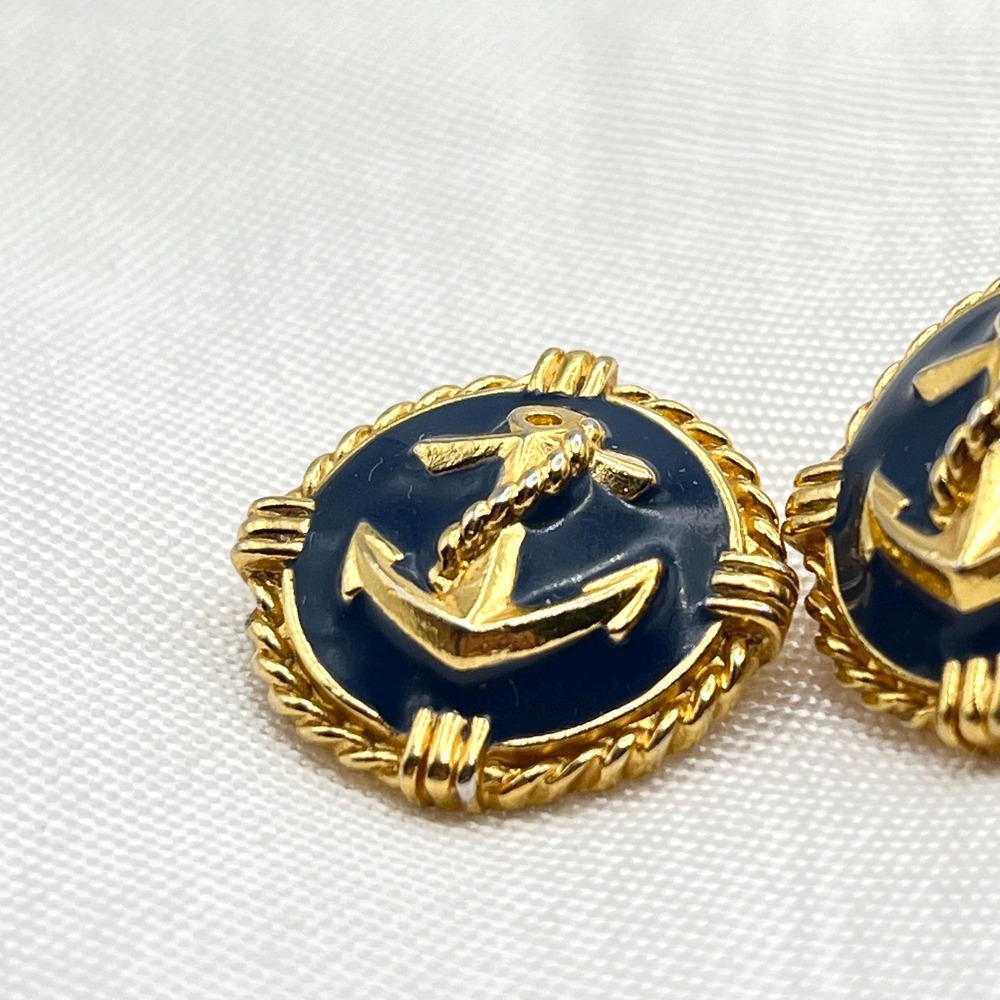 Vintage Gold Tone Nautical Sailor Anchor Posted Earrings w/ Navy Blue Enamel - Picture 5 of 8